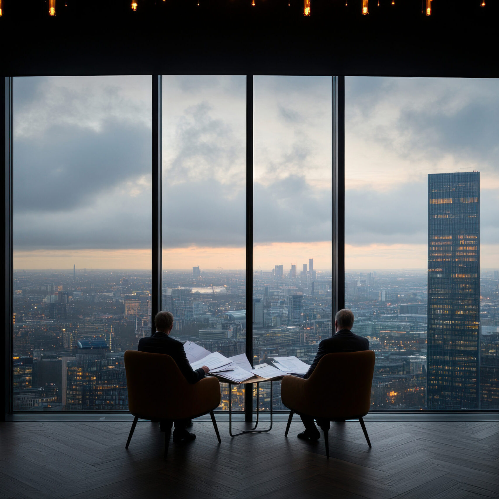 Two business professionals discuss strategy while admiring a city skyline through large glass windows.